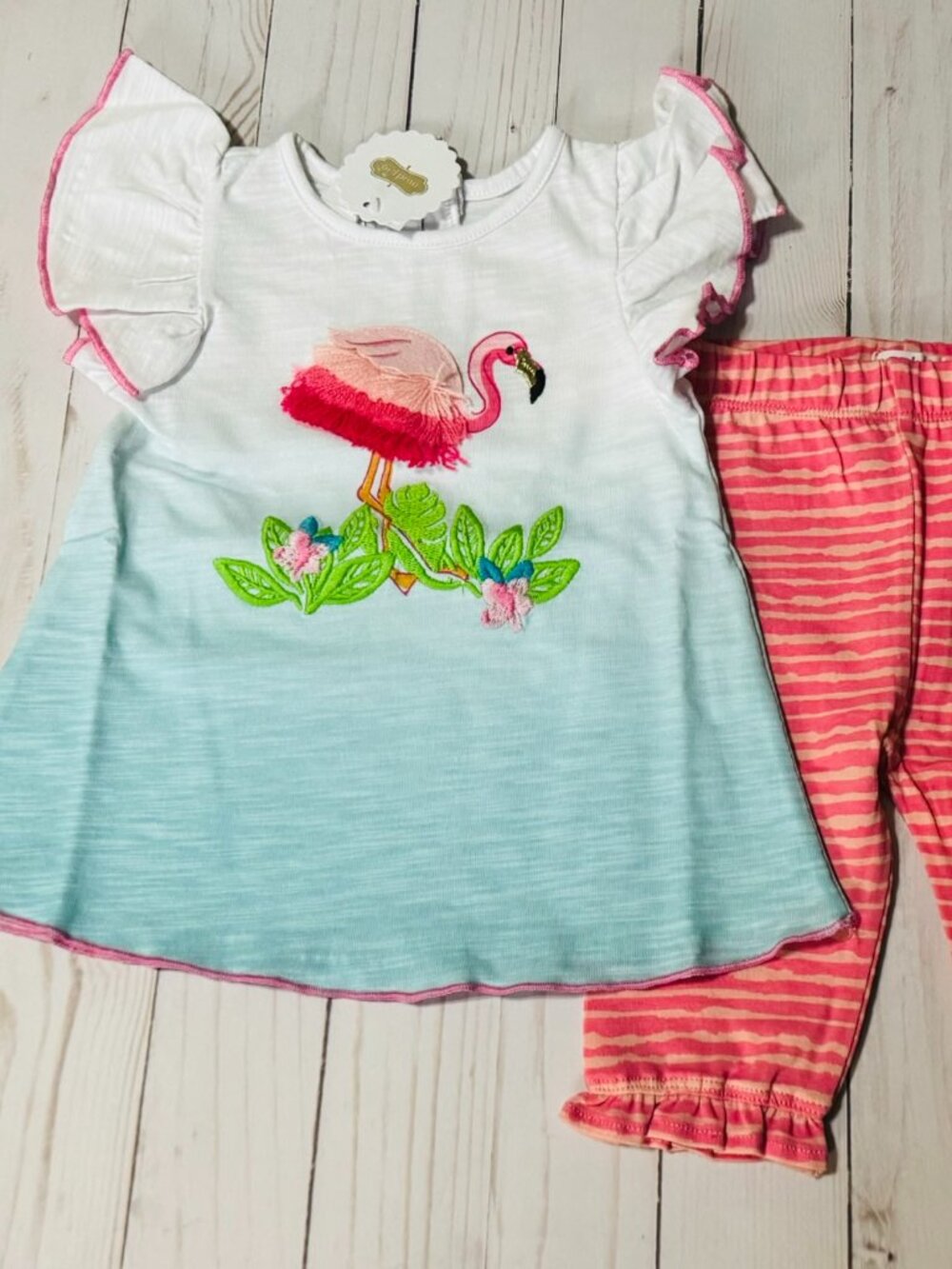 Mud Pie Flamingo Coral Pink Aqua Tunic & Capri Set 6-9 Months